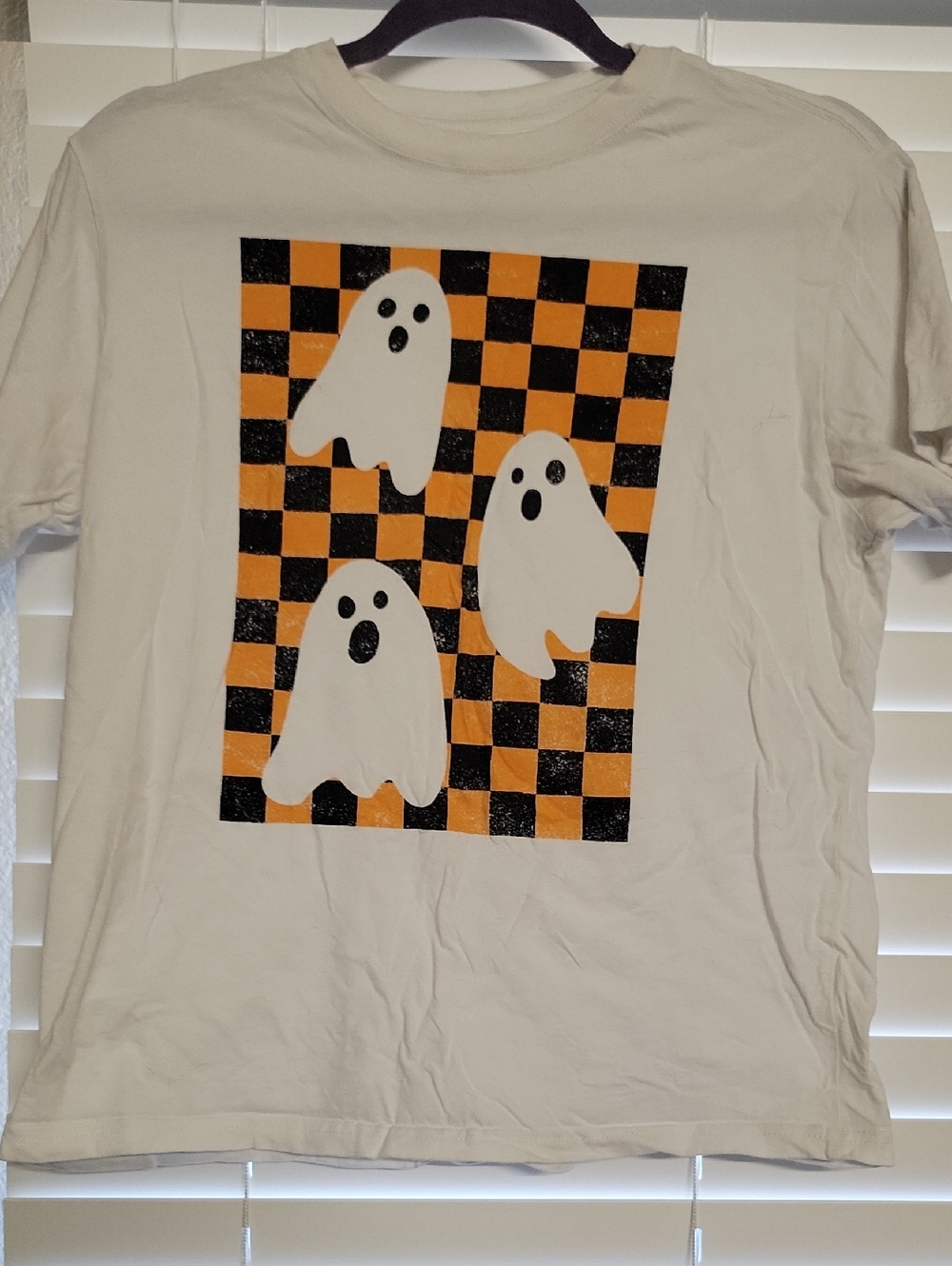Target White Short Sleeve Tee with Orange and Black Checkerboard Ghosts
